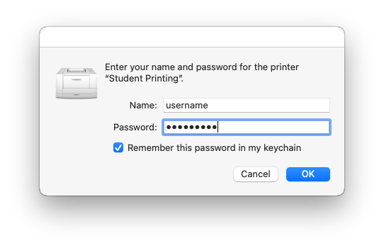 Prompt to enter Clemson username and password for printing